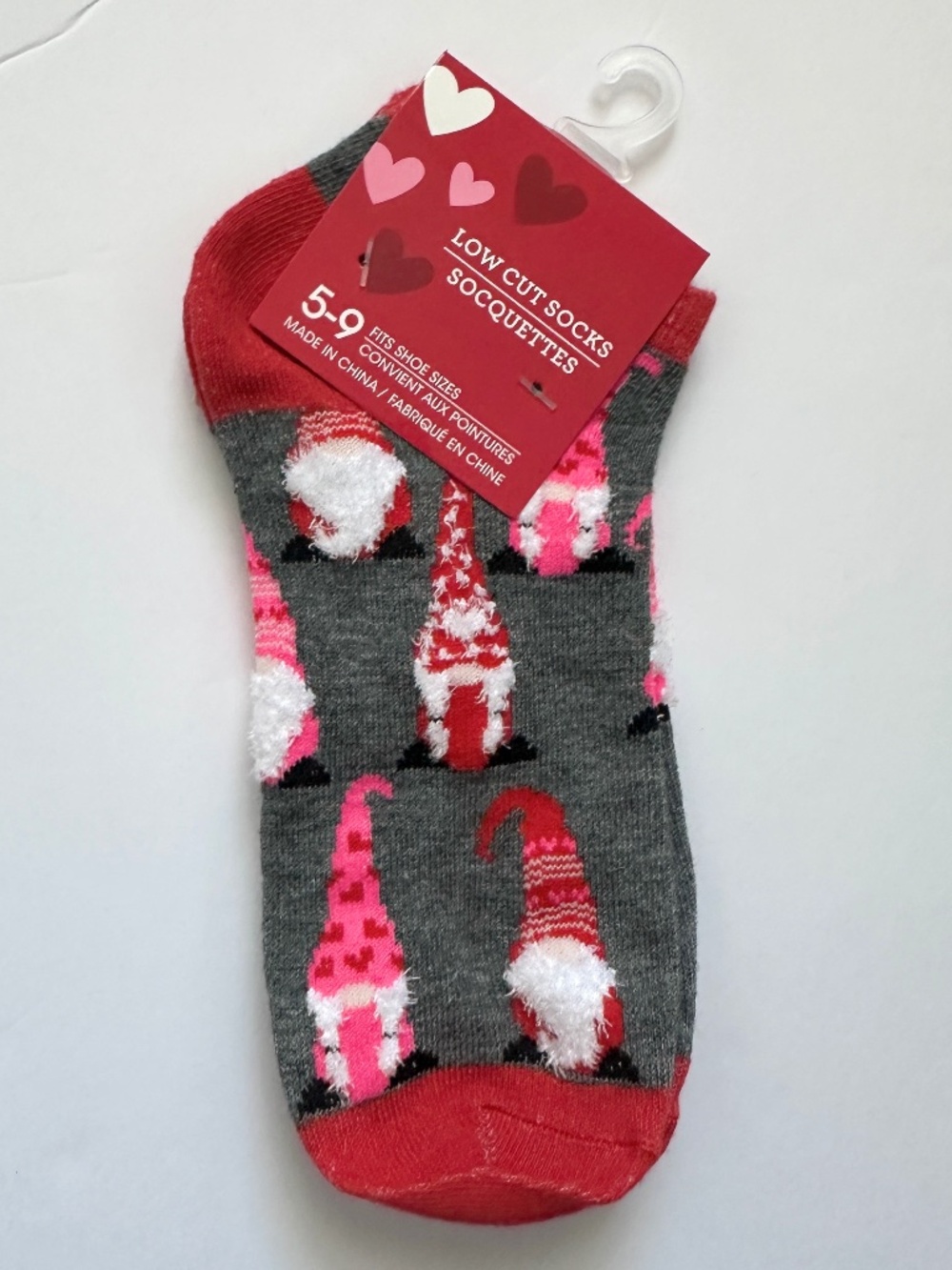 NWT Women's Gnome Socks Low Cut Gray Pink Red Hearts